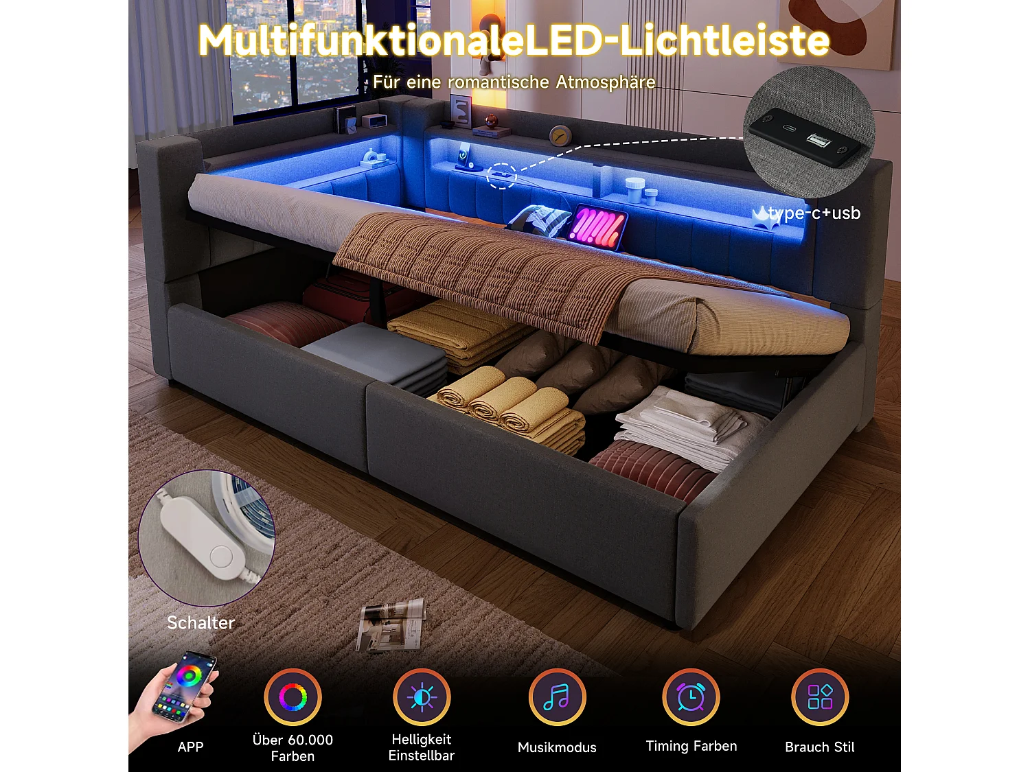 Kinderslaapbank met hydraulische opbergruimte - 90 x 200 cm - met USB + Type-C + LED's + opbergruimte - linnen - grijs