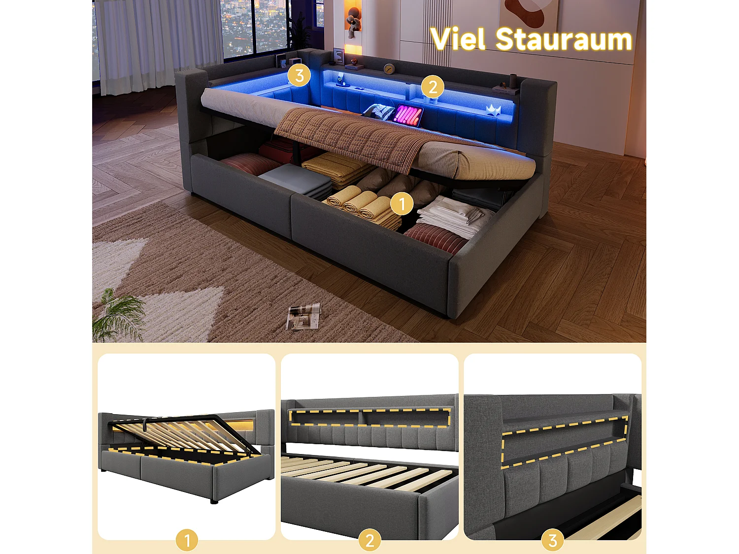 Kinderslaapbank met hydraulische opbergruimte - 90 x 200 cm - met USB + Type-C + LED's + opbergruimte - linnen - grijs