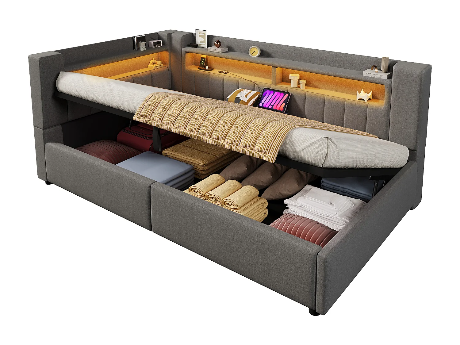 Kinderslaapbank met hydraulische opbergruimte - 90 x 200 cm - met USB + Type-C + LED's + opbergruimte - linnen - grijs