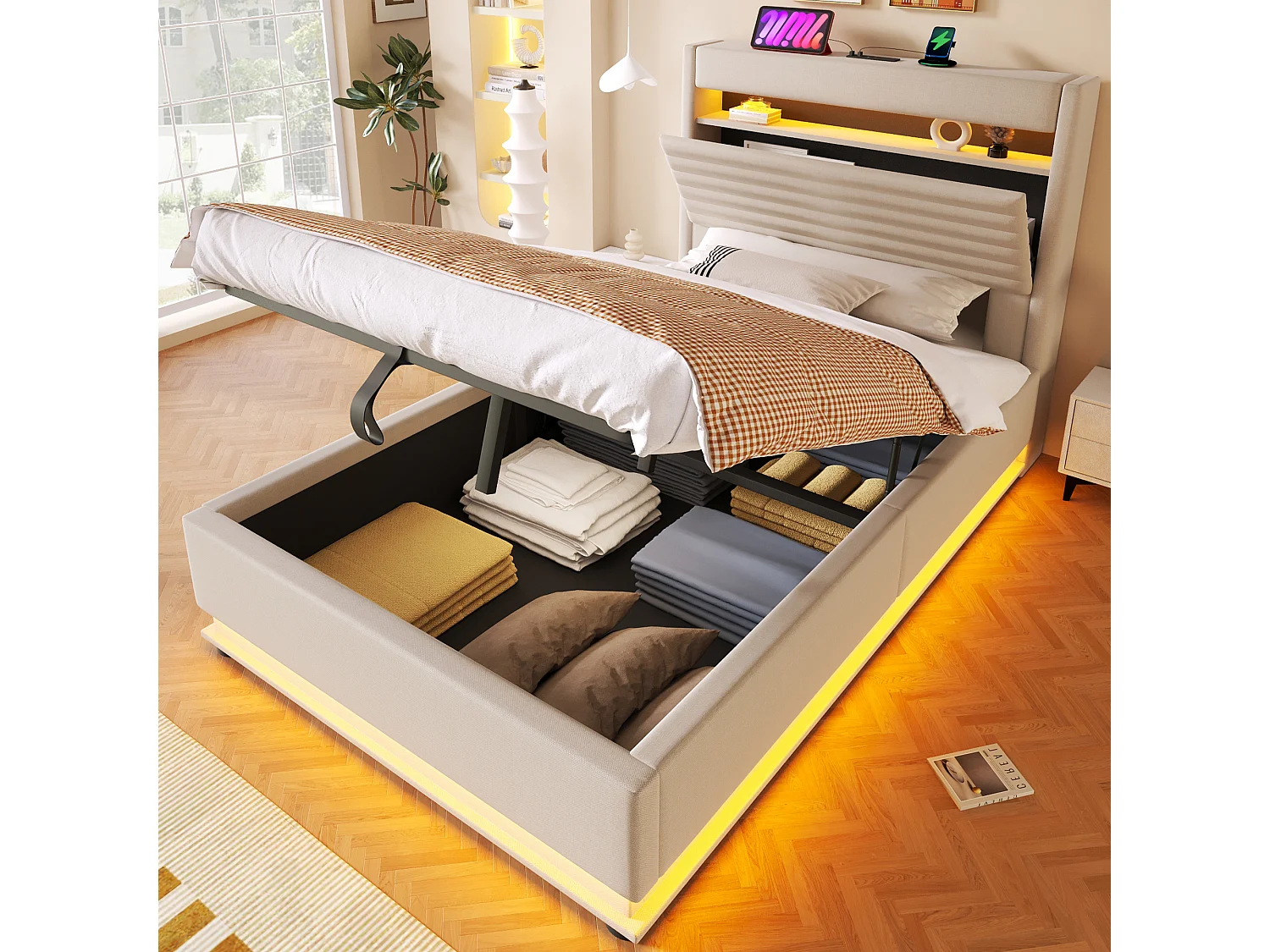 Lit coffre capitonné - 90 x 200 cm - avec USB + Leds + suspension hydraulique + tête de lit de rangement rabattable - lin - beige