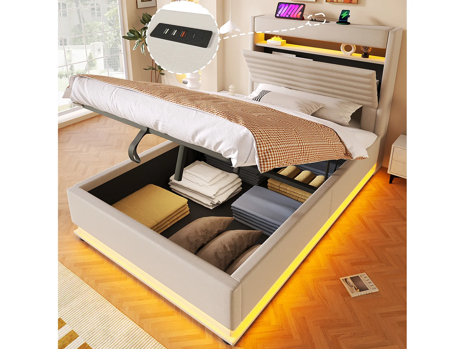 Lit coffre capitonné - 90 x 200 cm - avec USB + Leds + suspension hydraulique + tête de lit de rangement rabattable - lin - beige