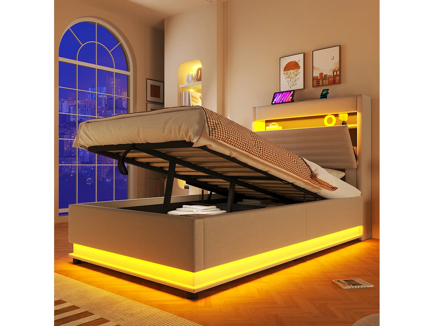 Lit coffre capitonné - 90 x 200 cm - avec USB + Leds + suspension hydraulique + tête de lit de rangement rabattable - lin - beige