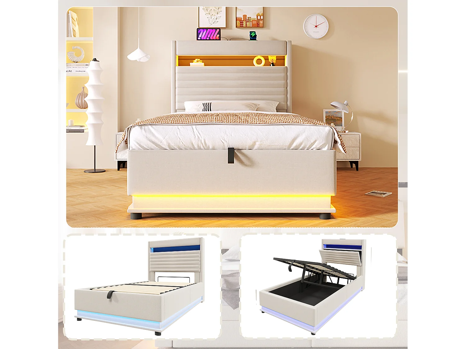 Lit coffre capitonné - 90 x 200 cm - avec USB + Leds + suspension hydraulique + tête de lit de rangement rabattable - lin - beige