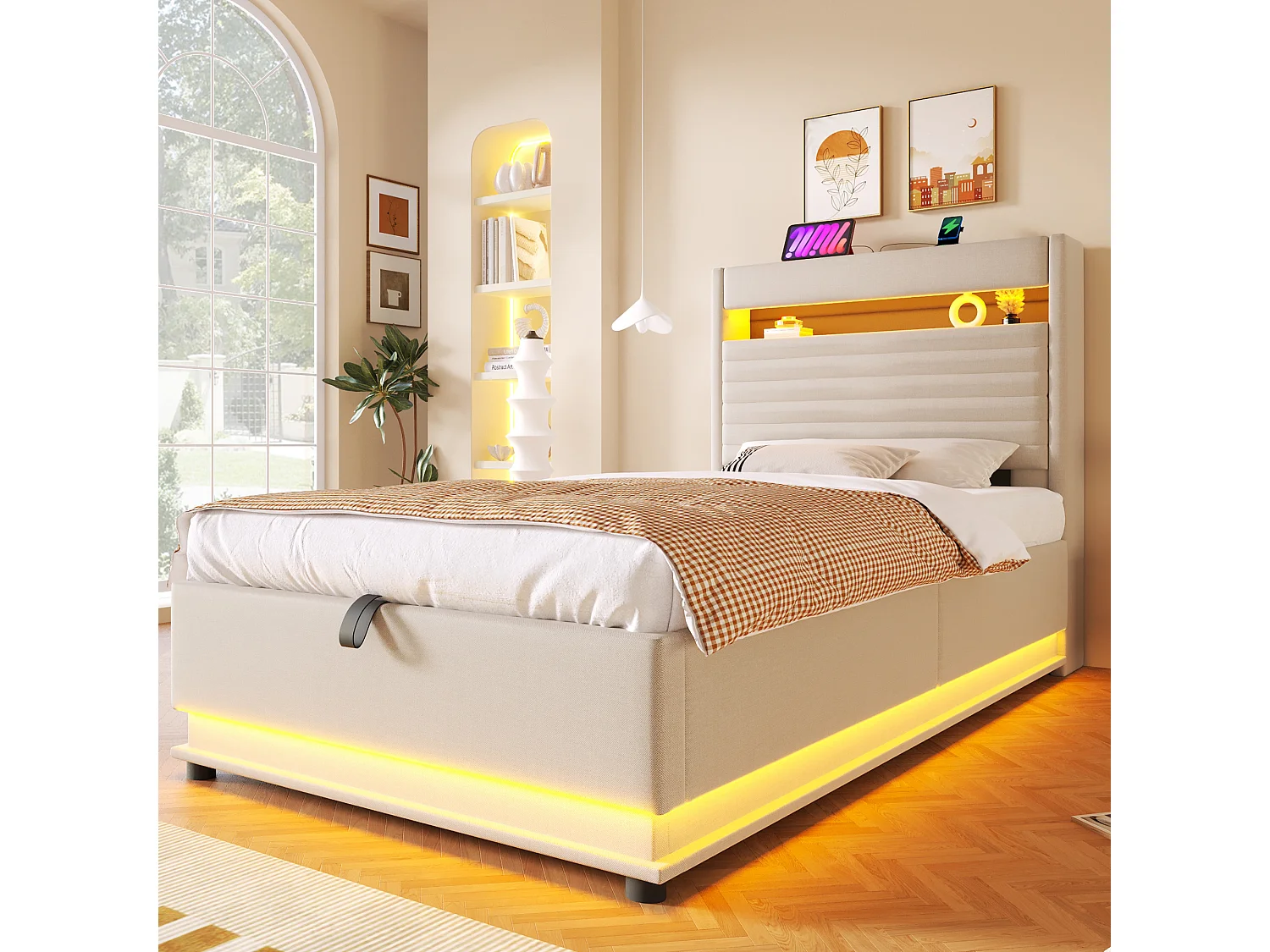 Lit coffre capitonné - 90 x 200 cm - avec USB + Leds + suspension hydraulique + tête de lit de rangement rabattable - lin - beige