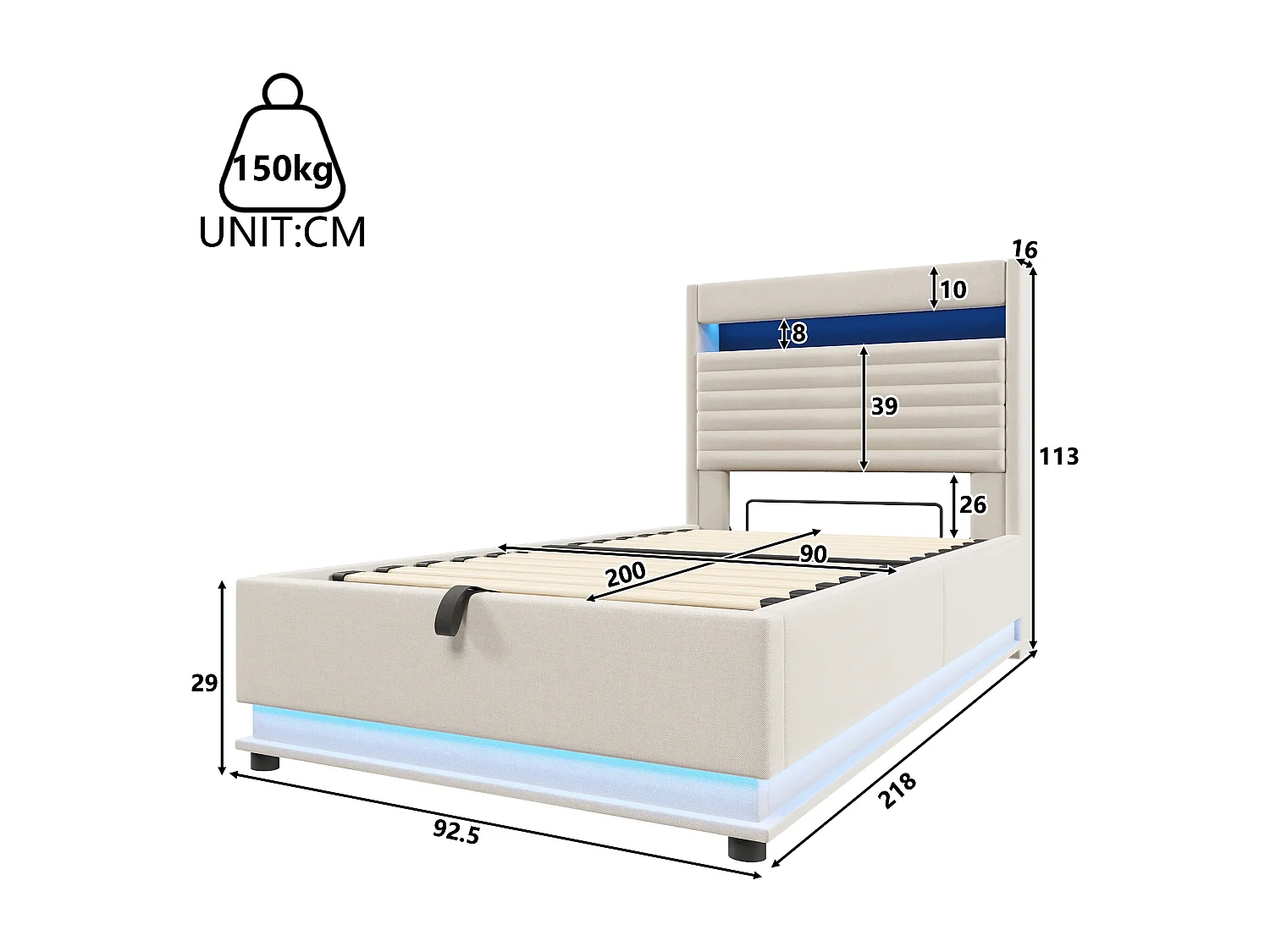 Lit coffre capitonné - 90 x 200 cm - avec USB + Leds + suspension hydraulique + tête de lit de rangement rabattable - lin - beige