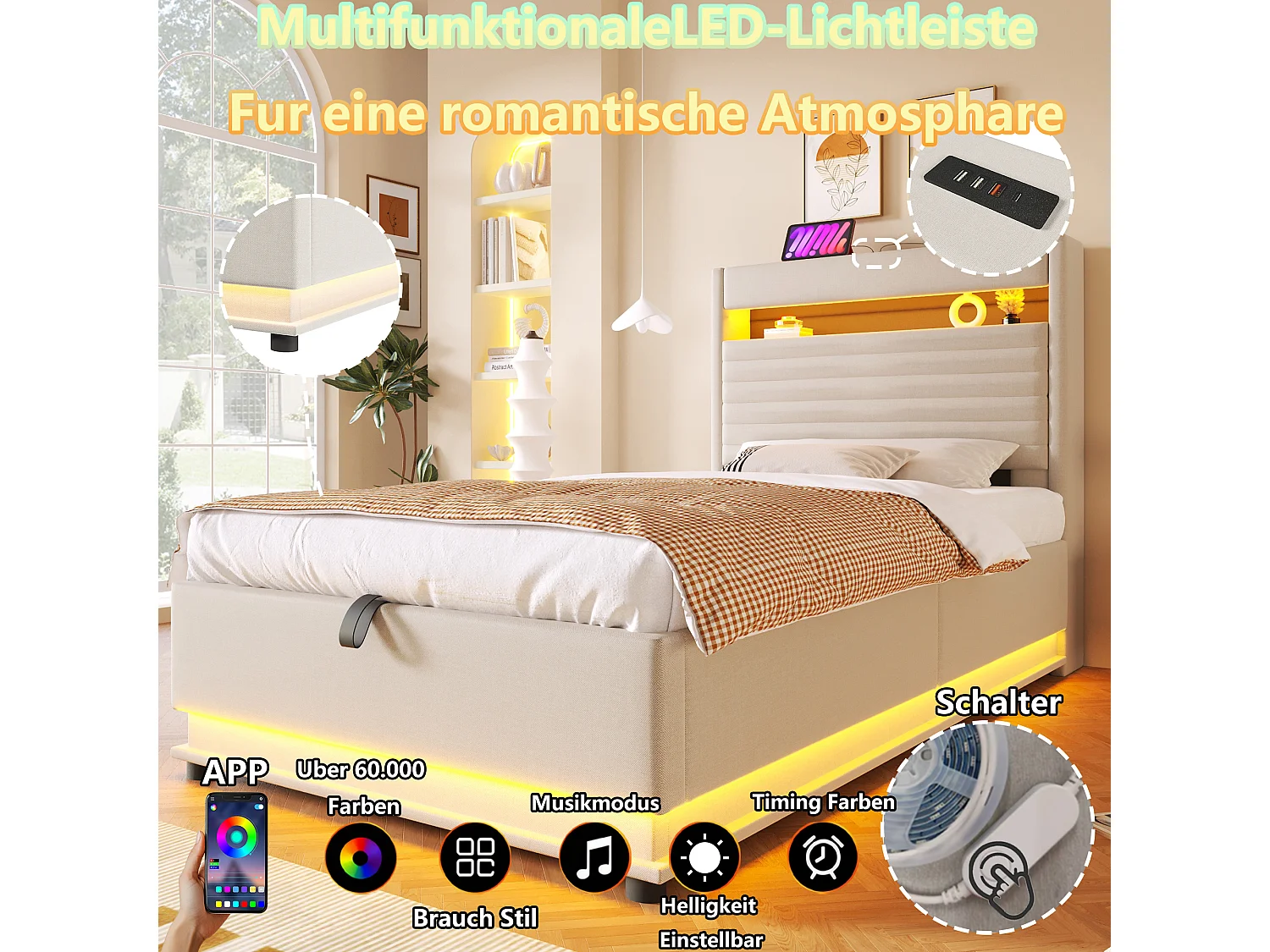 Lit coffre capitonné - 90 x 200 cm - avec USB + Leds + suspension hydraulique + tête de lit de rangement rabattable - lin - beige