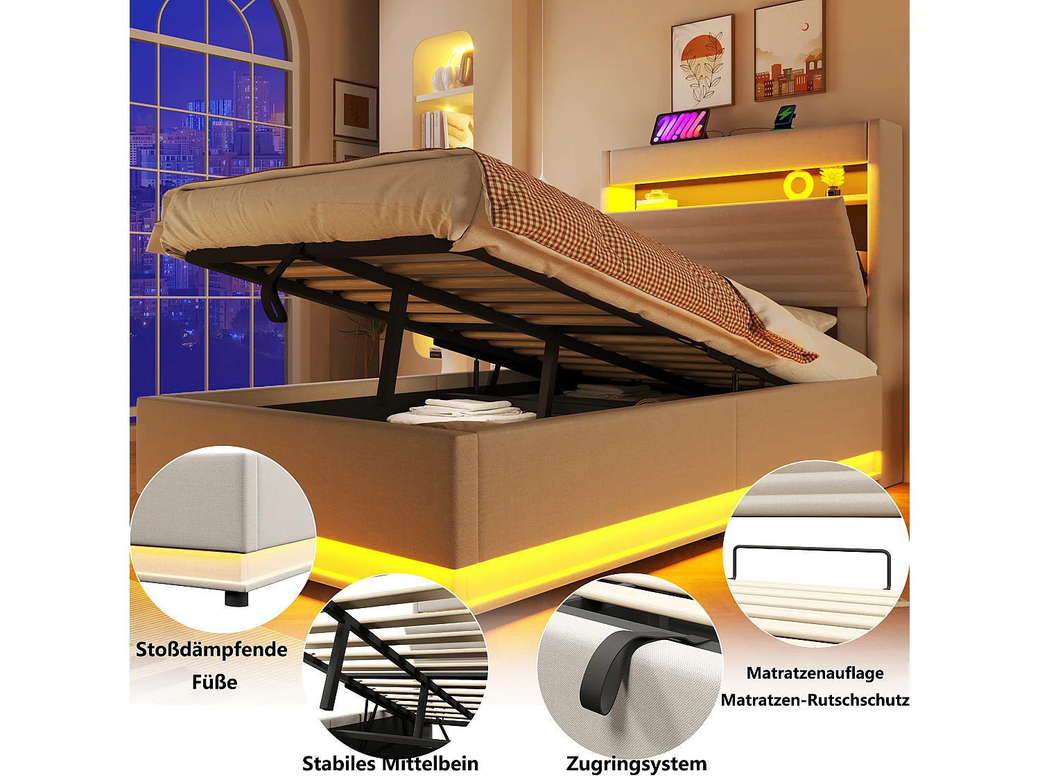 Lit coffre capitonné - 90 x 200 cm - avec USB + Leds + suspension hydraulique + tête de lit de rangement rabattable - lin - beige