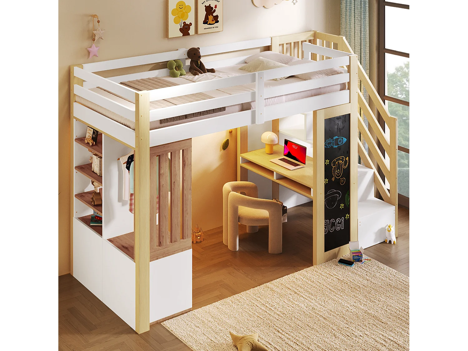 Cama alta infantil - 90 x 200 cm - con escritorio + estanterías + armario + escalera de almacenaje + pizarra + LED - MDF - blanco + natural