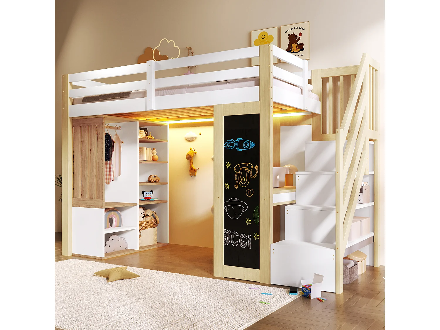 Cama alta infantil - 90 x 200 cm - con escritorio + estanterías + armario + escalera de almacenaje + pizarra + LED - MDF - blanco + natural