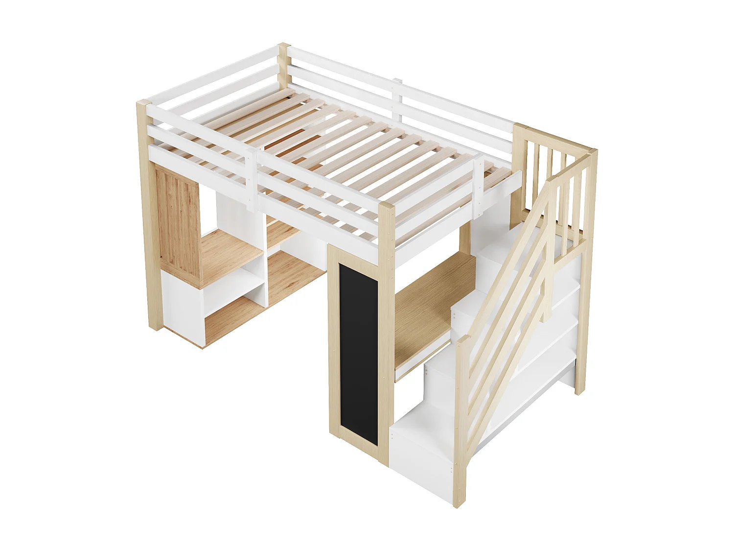 Cama alta infantil - 90 x 200 cm - con escritorio + estanterías + armario + escalera de almacenaje + pizarra + LED - MDF - blanco + natural