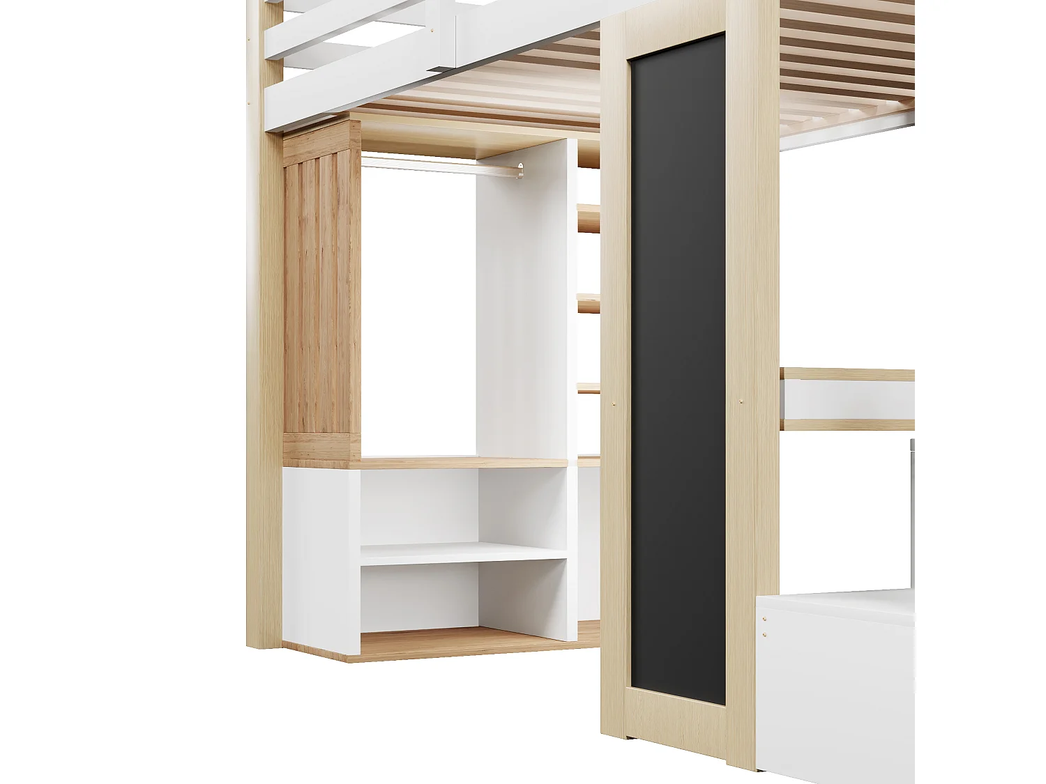 Cama alta infantil - 90 x 200 cm - con escritorio + estanterías + armario + escalera de almacenaje + pizarra + LED - MDF - blanco + natural