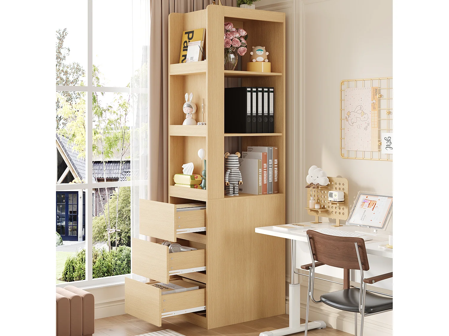 Bibliothèque haut de salon - 60 x 40 x 200 cm - avec 3 tiroirs + étagères - aggloméré - naturel