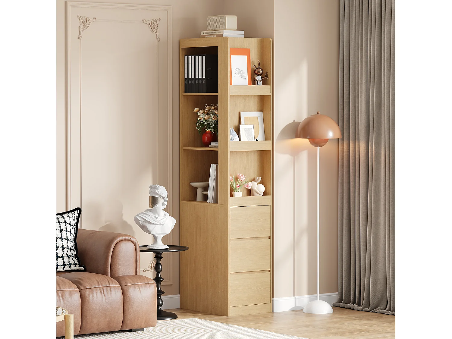 Bibliothèque haut de salon - 60 x 40 x 200 cm - avec 3 tiroirs + étagères - aggloméré - naturel