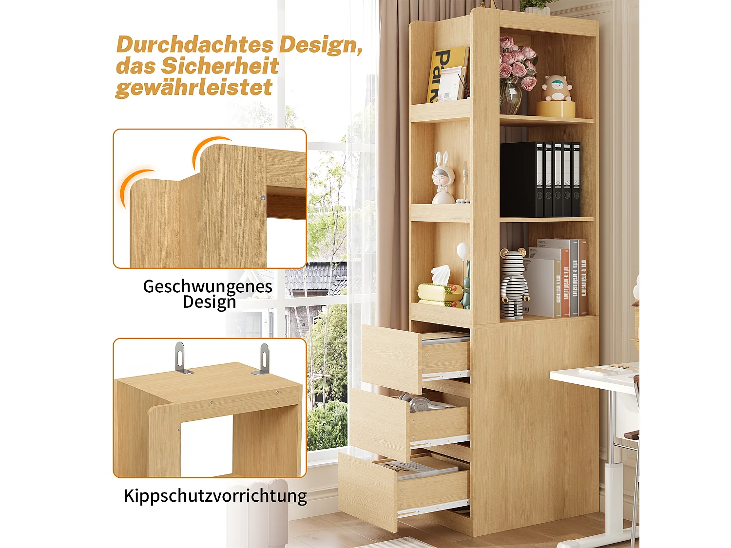 Bibliothèque haut de salon - 60 x 40 x 200 cm - avec 3 tiroirs + étagères - aggloméré - naturel