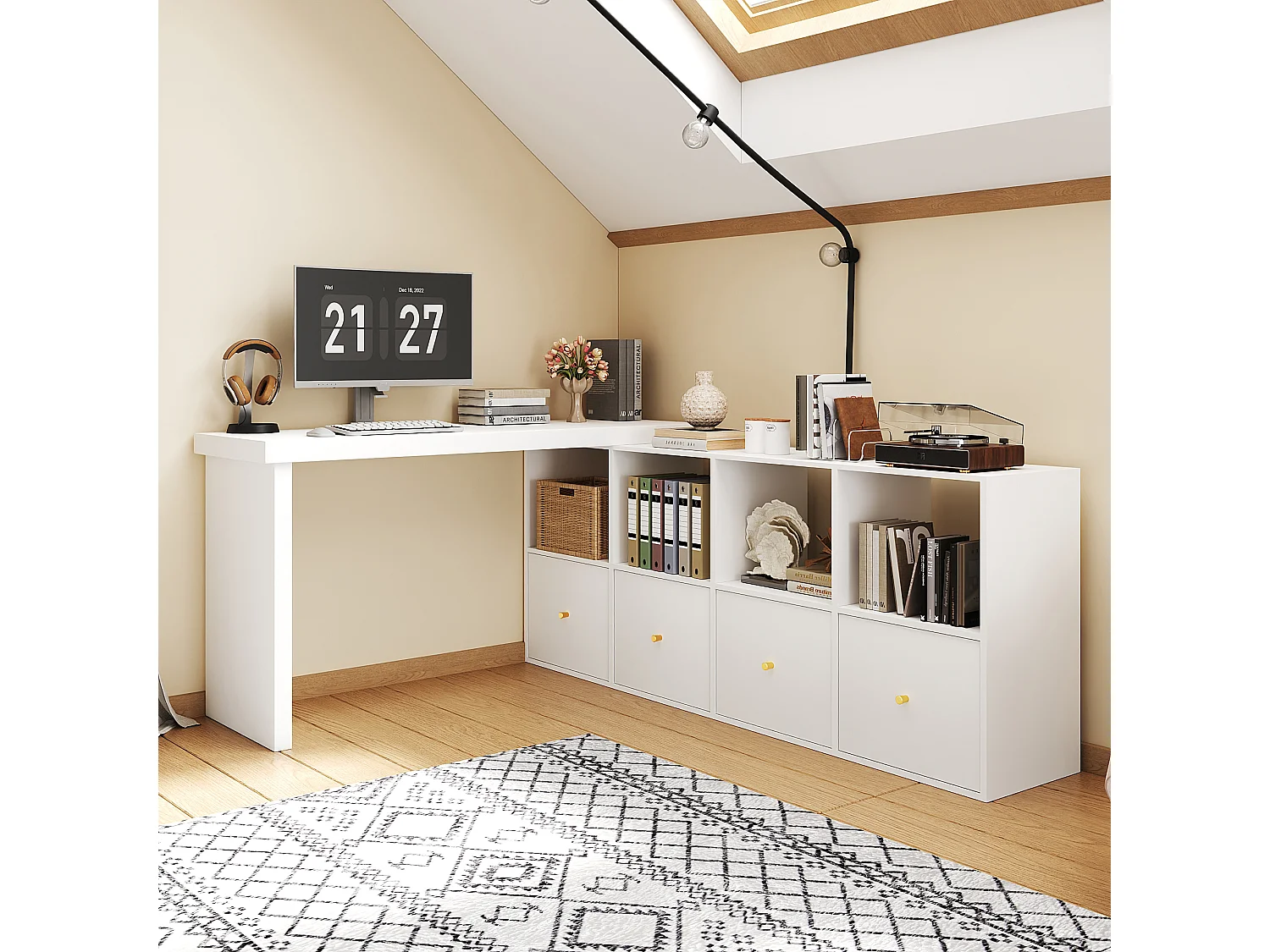 Bureau d'angle plateau pivotant à 360° - 140 x 120 x 78 cm - en L ou droite - avec 4 étagères + 4 tiroirs - MDF - blanc