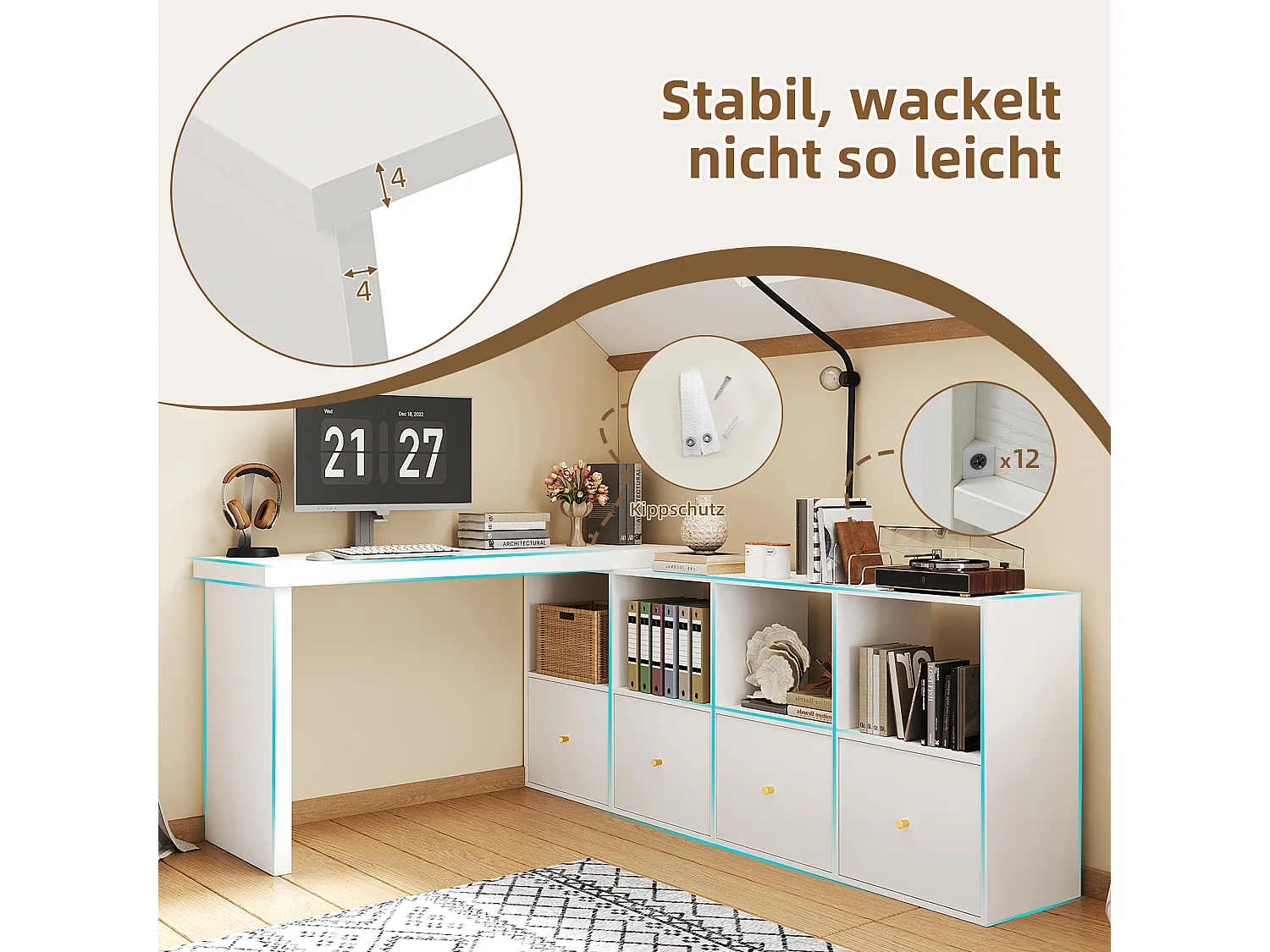 Bureau d'angle plateau pivotant à 360° - 140 x 120 x 78 cm - en L ou droite - avec 4 étagères + 4 tiroirs - MDF - blanc