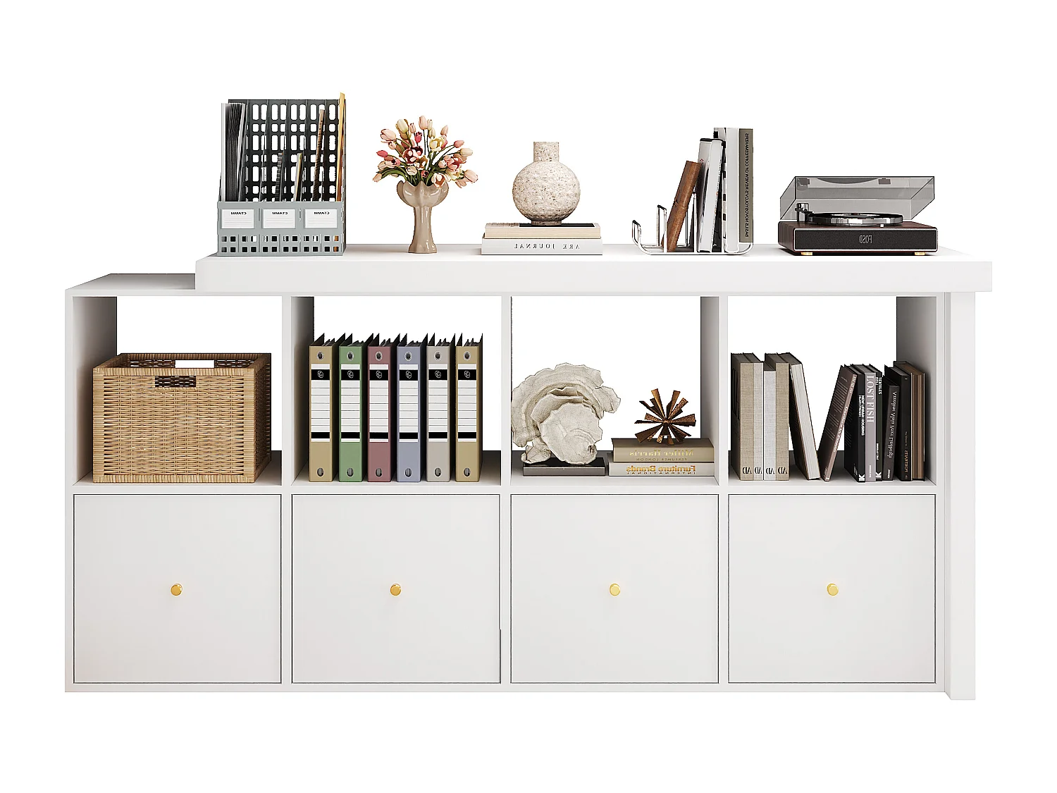 Bureau d'angle plateau pivotant à 360° - 140 x 120 x 78 cm - en L ou droite - avec 4 étagères + 4 tiroirs - MDF - blanc