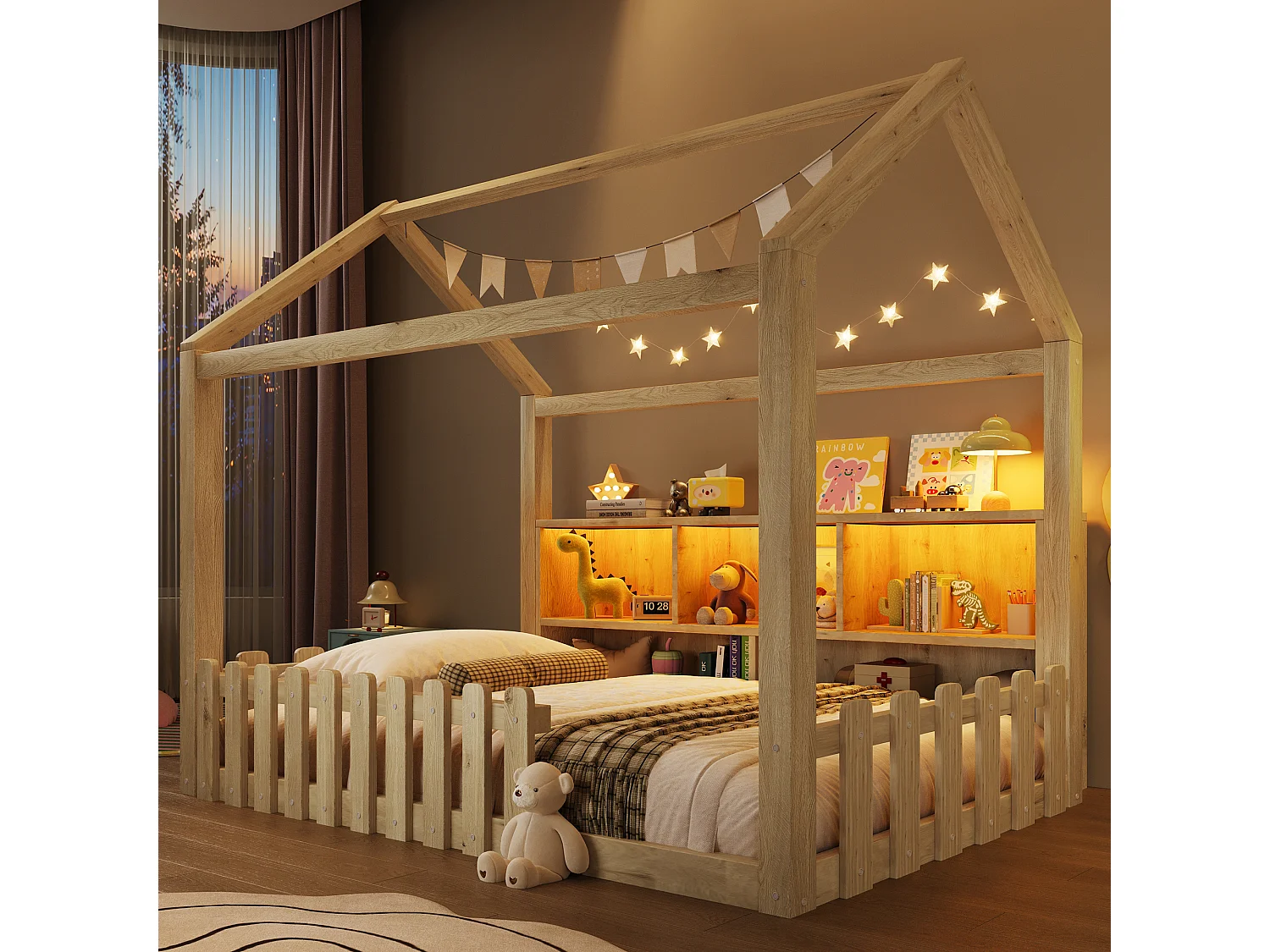 Lit plat pour enfant - 90 x 190 cm - avec barrière de sécurité + Leds + étagère de rangement - design maison - pin - naturel