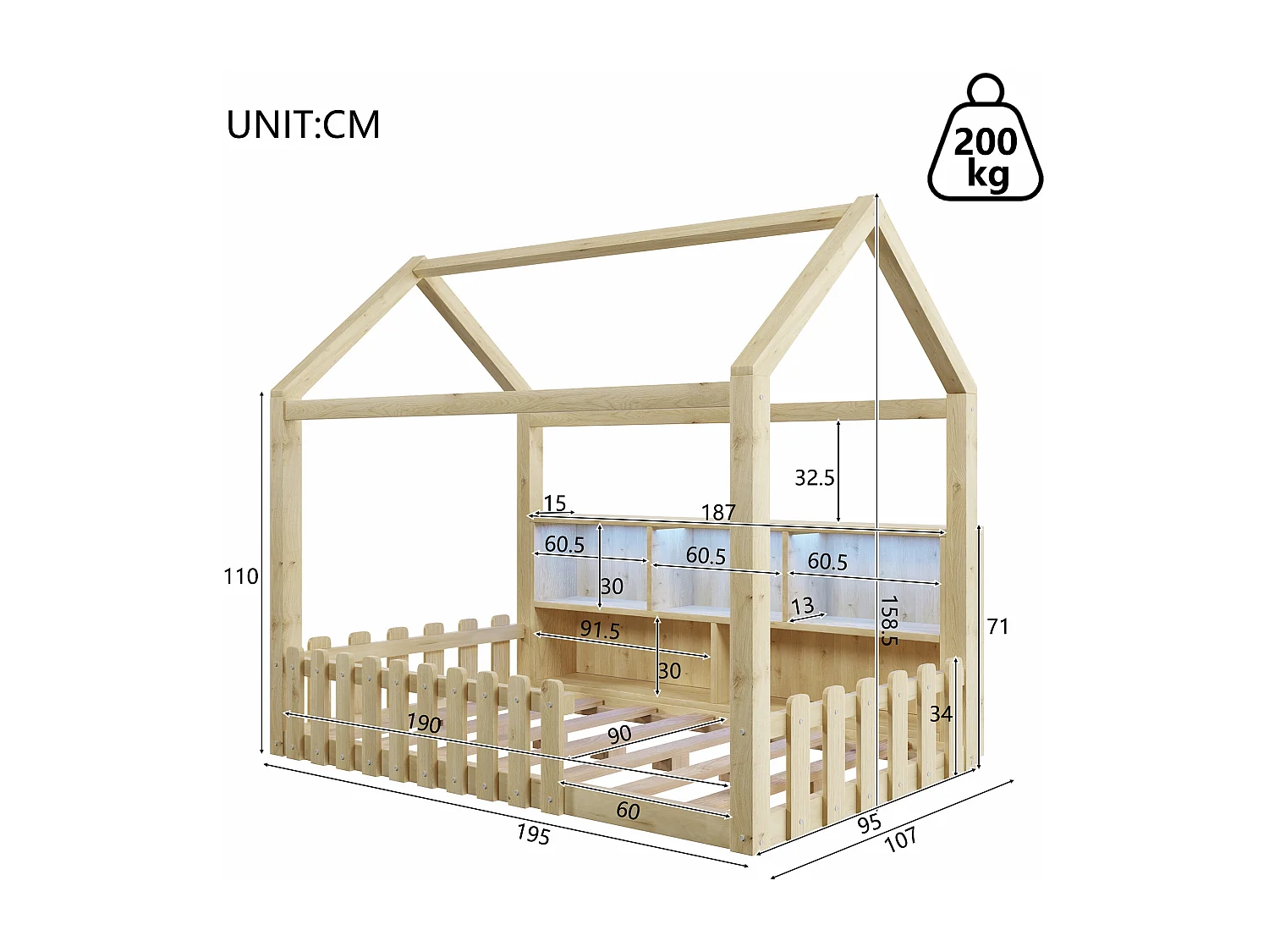 Lit plat pour enfant - 90 x 190 cm - avec barrière de sécurité + Leds + étagère de rangement - design maison - pin - naturel