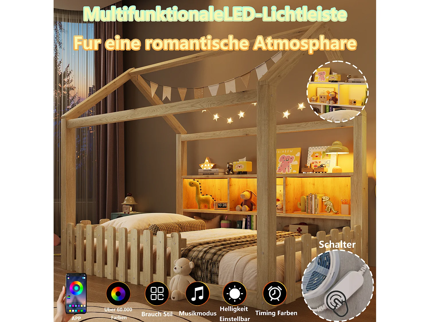 Lit plat pour enfant - 90 x 190 cm - avec barrière de sécurité + Leds + étagère de rangement - design maison - pin - naturel