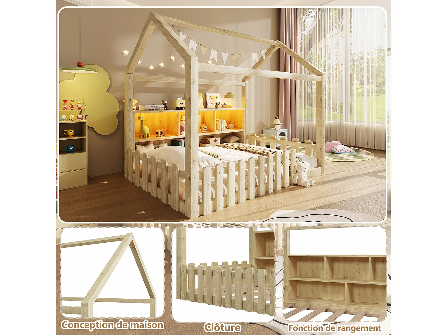 Lit plat pour enfant - 90 x 190 cm - avec barrière de sécurité + Leds + étagère de rangement - design maison - pin - naturel