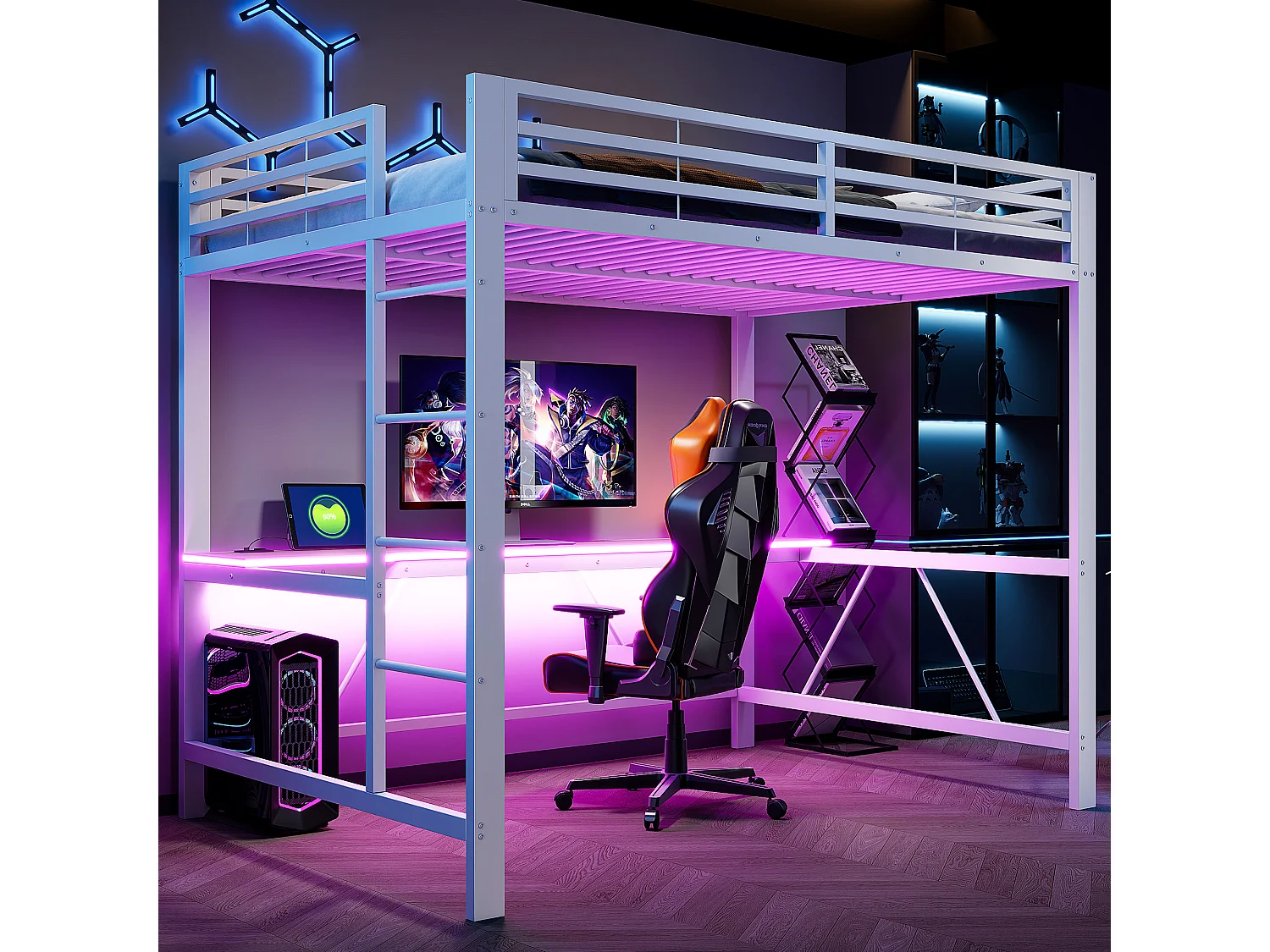 Lit mezzanine gaming en métal pour enfant - 140 x 200 cm - avec Leds + USB + bureau - blanc