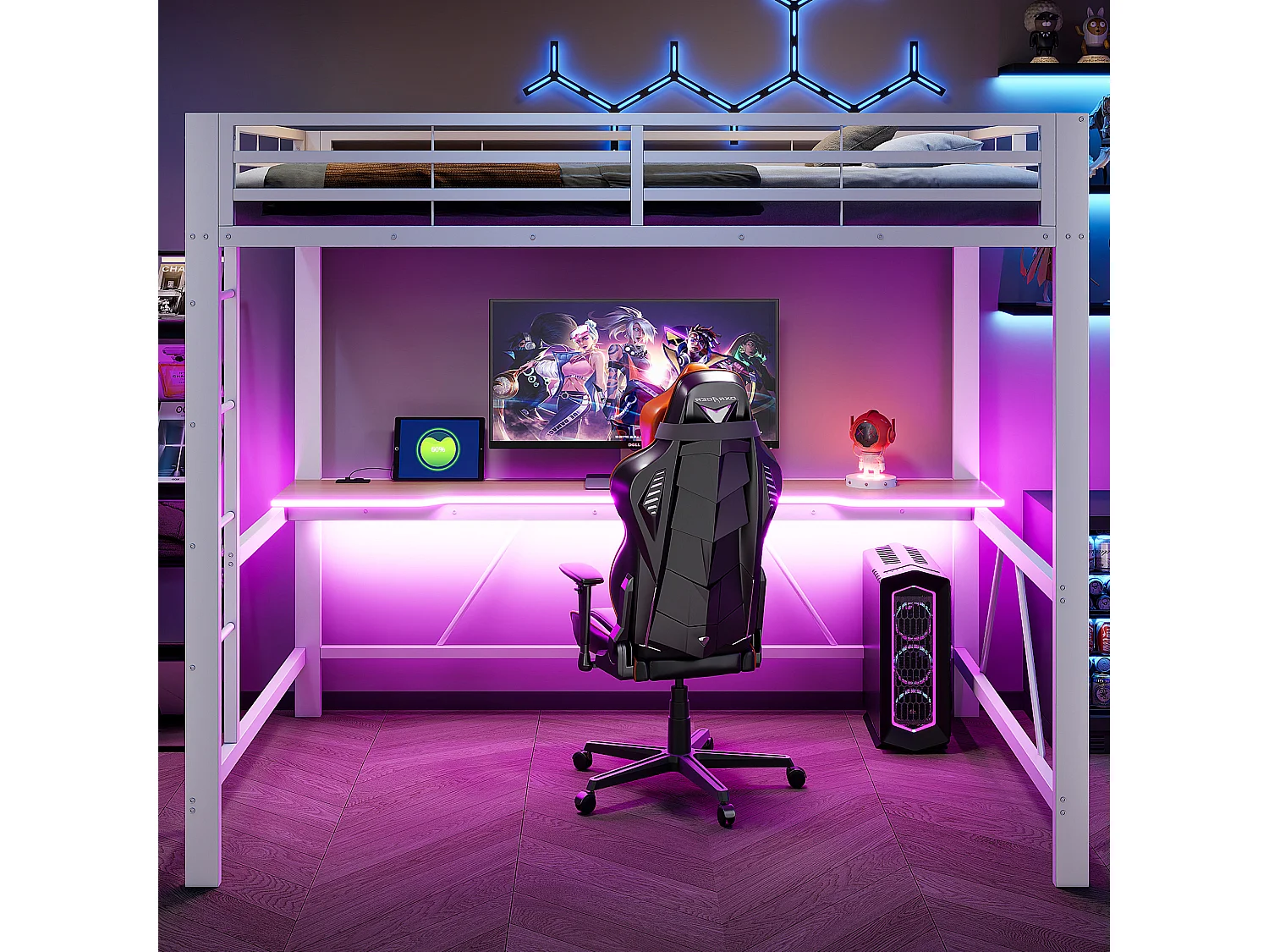 Lit mezzanine gaming en métal pour enfant - 140 x 200 cm - avec Leds + USB + bureau - blanc