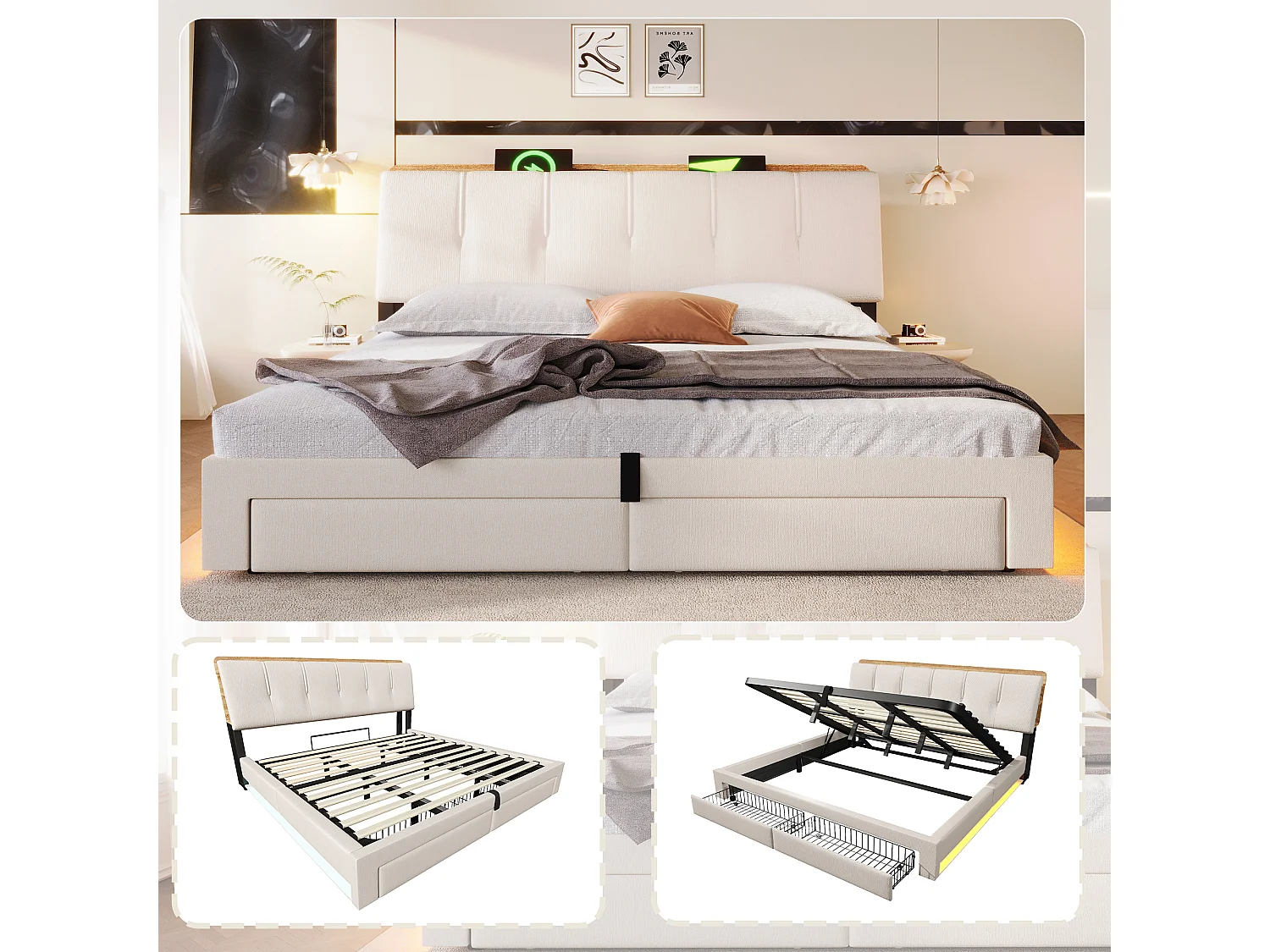 Lit coffre capitonné - 180 x 200 cm - suspension hydraulique - ave USB + Leds + 2 tiroirs + tête de lit - lin - beige