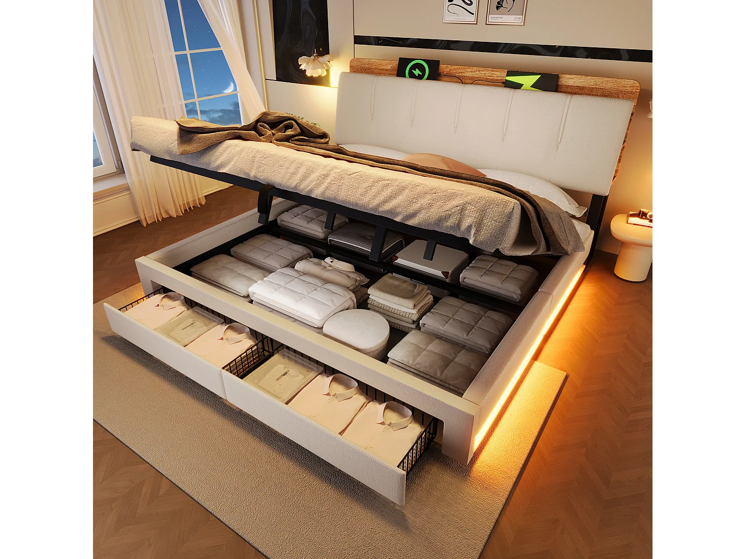 Lit coffre capitonné - 180 x 200 cm - suspension hydraulique - ave USB + Leds + 2 tiroirs + tête de lit - lin - beige