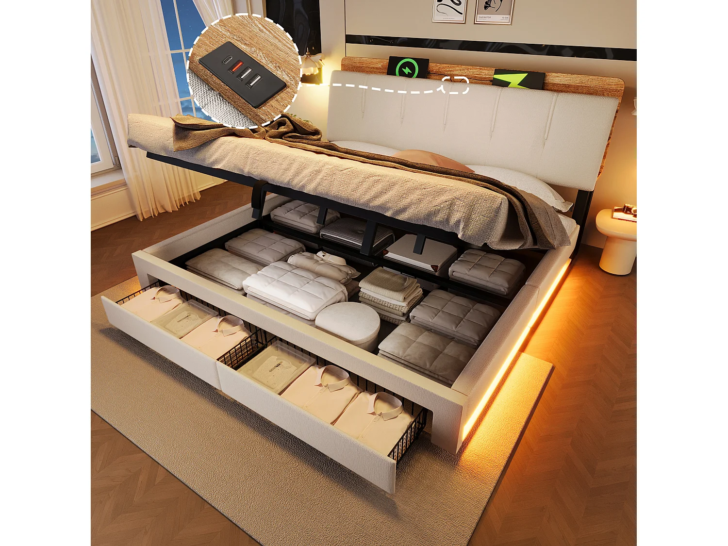 Lit coffre capitonné - 180 x 200 cm - suspension hydraulique - ave USB + Leds + 2 tiroirs + tête de lit - lin - beige