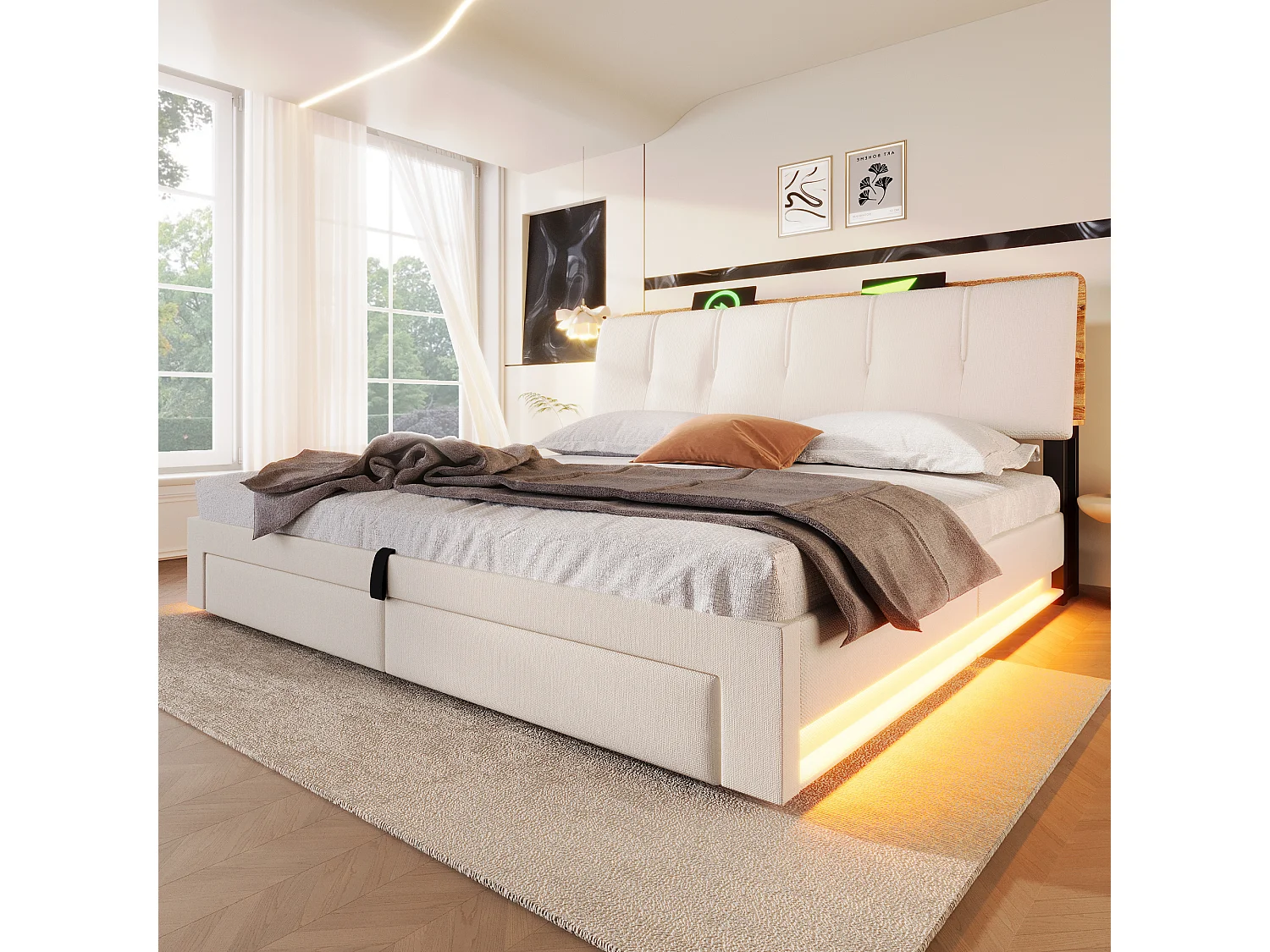 Lit coffre capitonné - 180 x 200 cm - suspension hydraulique - ave USB + Leds + 2 tiroirs + tête de lit - lin - beige