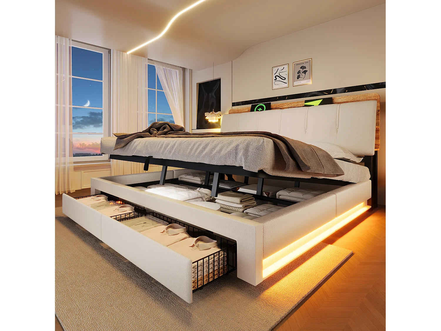 Lit coffre capitonné - 180 x 200 cm - suspension hydraulique - ave USB + Leds + 2 tiroirs + tête de lit - lin - beige