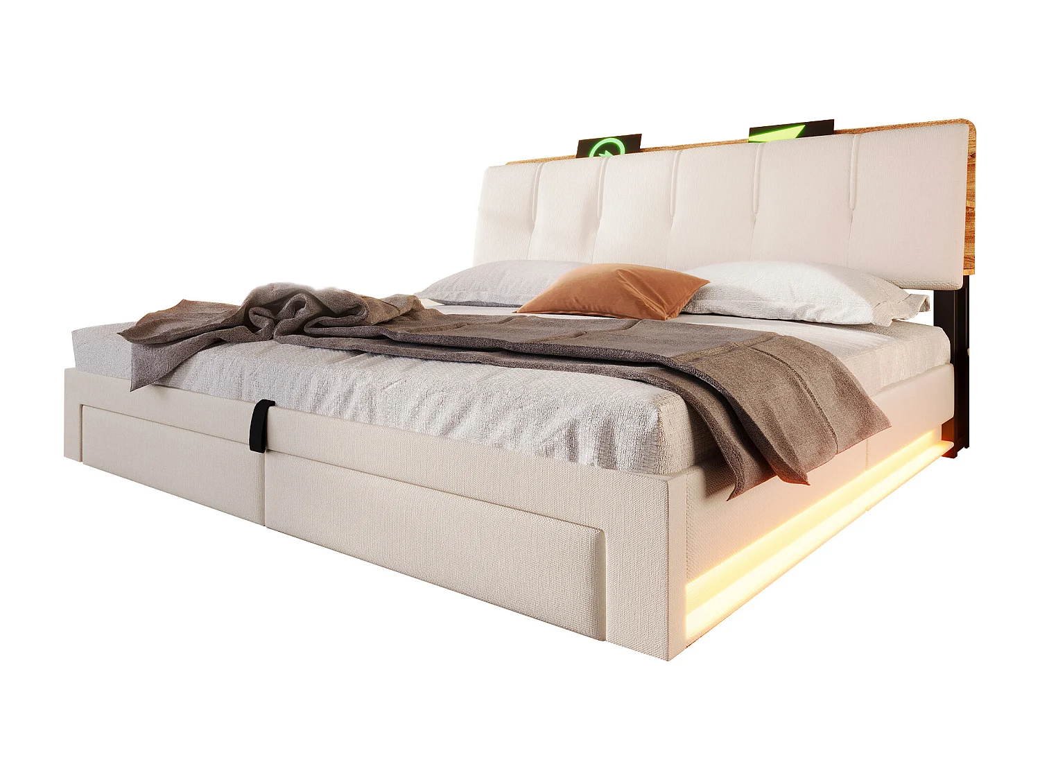 Lit coffre capitonné - 180 x 200 cm - suspension hydraulique - ave USB + Leds + 2 tiroirs + tête de lit - lin - beige