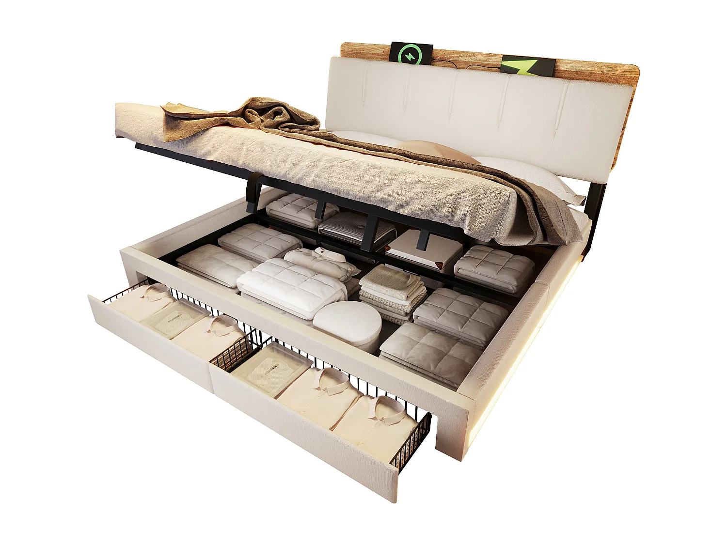 Lit coffre capitonné - 180 x 200 cm - suspension hydraulique - ave USB + Leds + 2 tiroirs + tête de lit - lin - beige