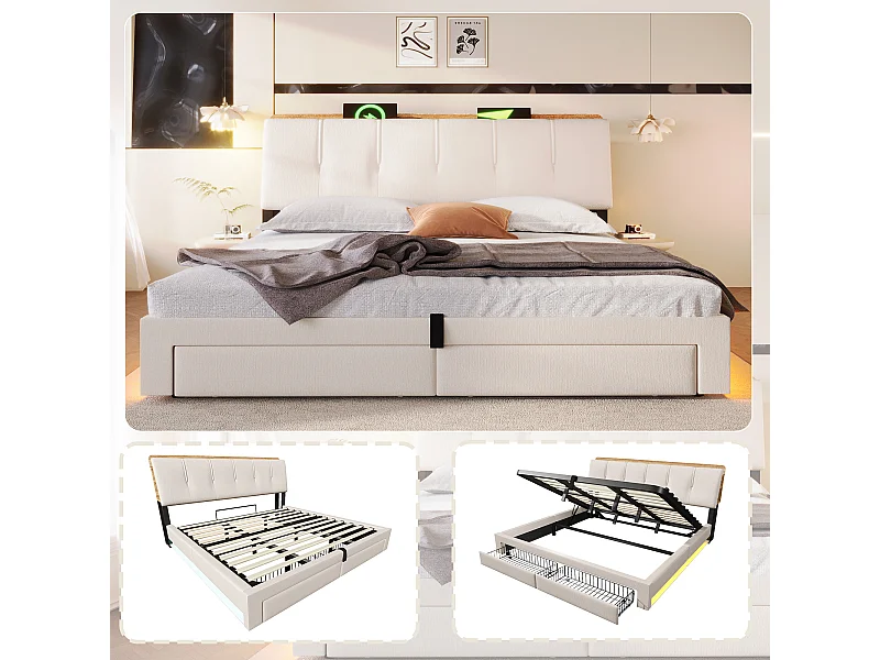 Lit coffre capitonné - 180 x 200 cm - suspension hydraulique - ave USB + Leds + 2 tiroirs + tête de lit - lin - beige