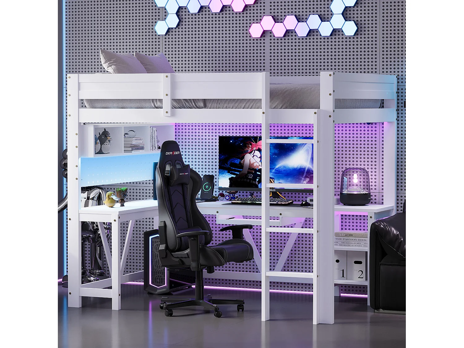 Lit mezzanine gaming en bois pour enfant - 90 x 200 cm - avec bureau + étagère de rangement + Leds - MDF + bois - blanc