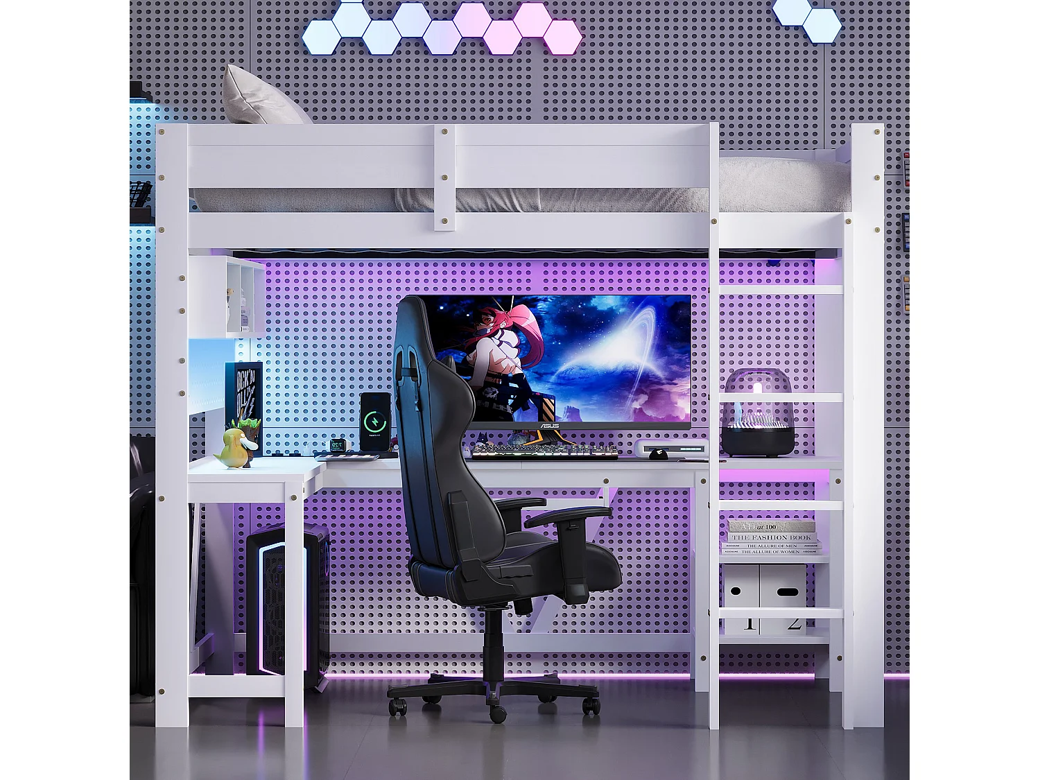 Lit mezzanine gaming en bois pour enfant - 90 x 200 cm - avec bureau + étagère de rangement + Leds - MDF + bois - blanc