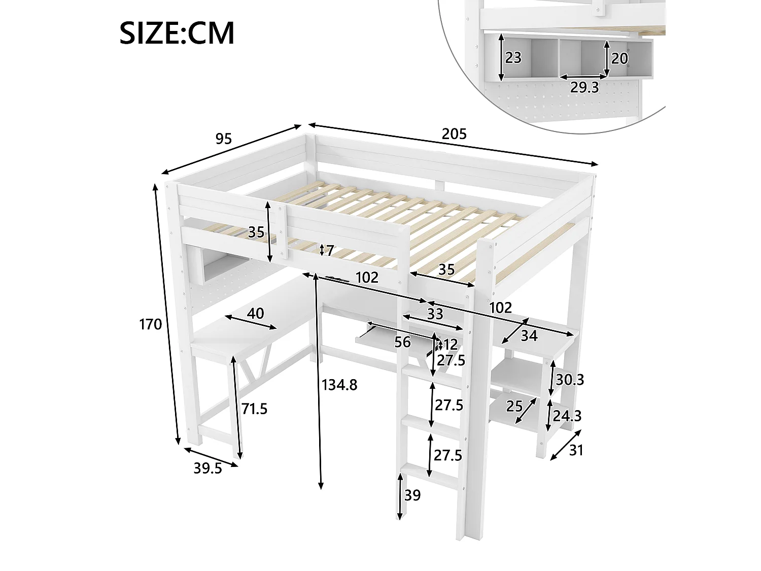 Lit mezzanine gaming en bois pour enfant - 90 x 200 cm - avec bureau + étagère de rangement + Leds - MDF + bois - blanc