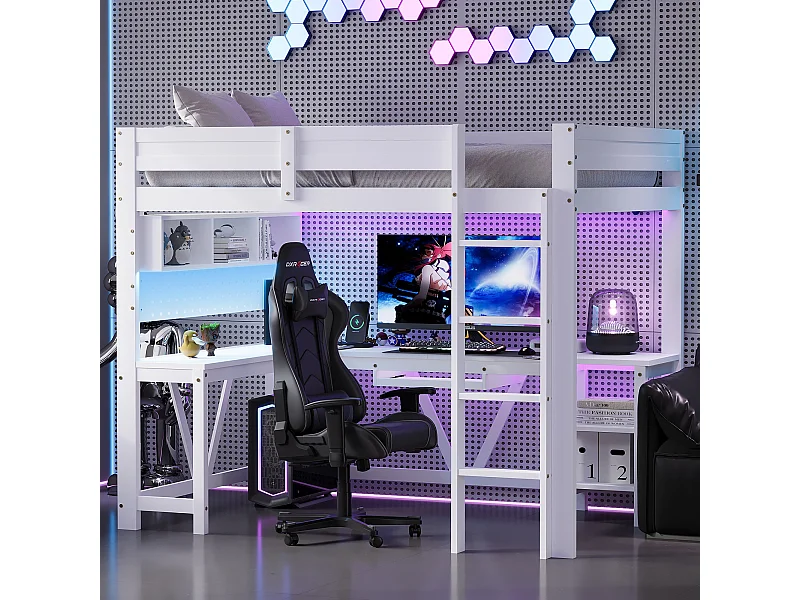 Lit mezzanine gaming en bois pour enfant - 90 x 200 cm - avec bureau + étagère de rangement + Leds - MDF + bois - blanc