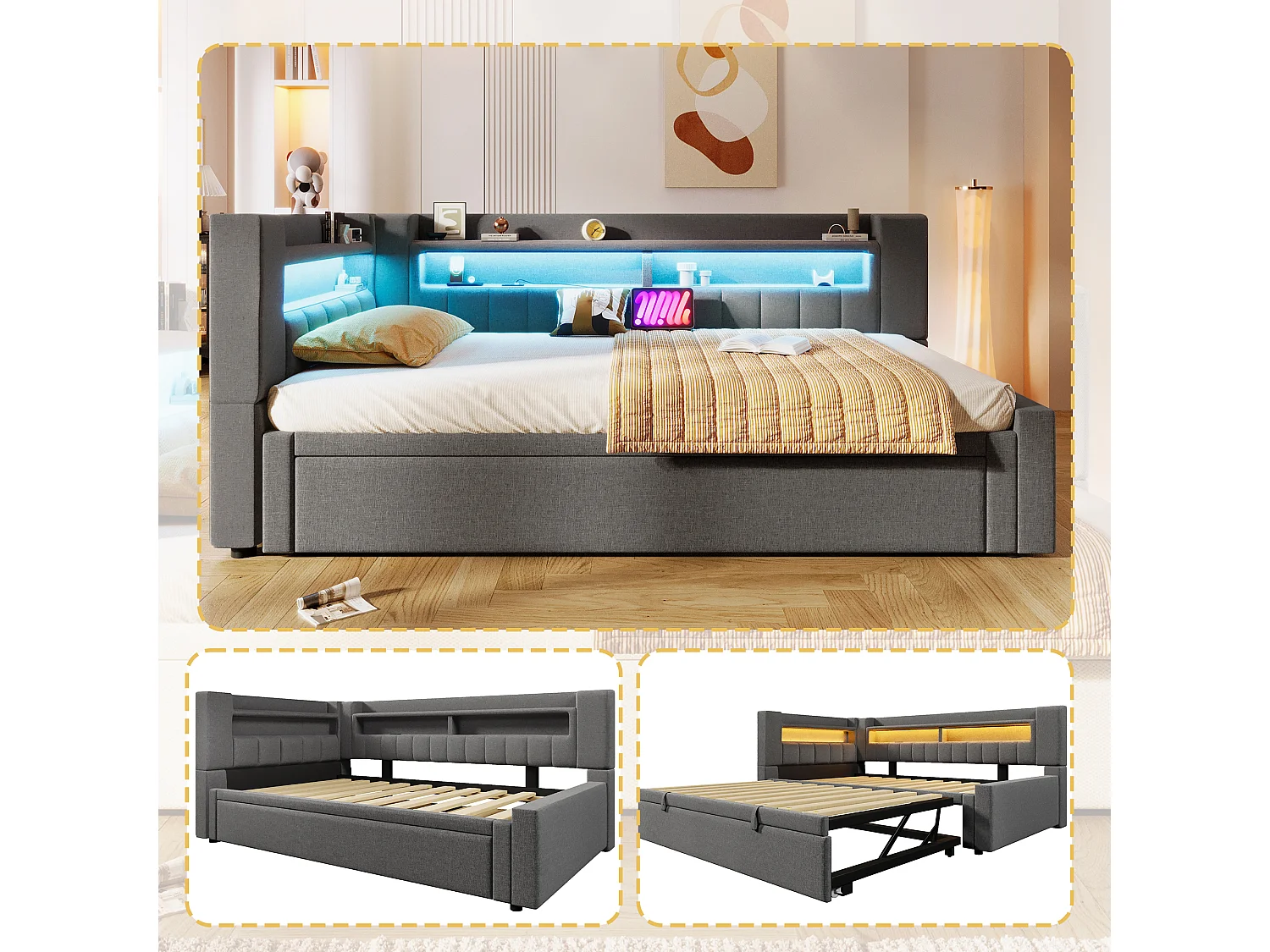 Canapé-lit capitonné avec lit gigogne - 90/180 x 200 cm - avec USB + Type-C + Leds + rangement - lin - gris