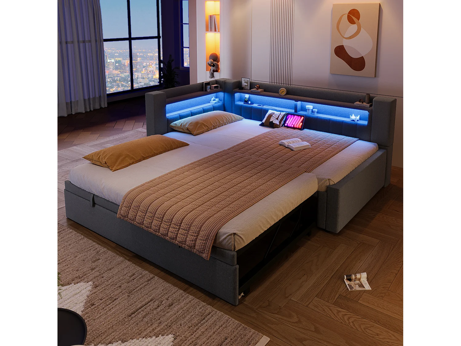 Canapé-lit capitonné avec lit gigogne - 90/180 x 200 cm - avec USB + Type-C + Leds + rangement - lin - gris