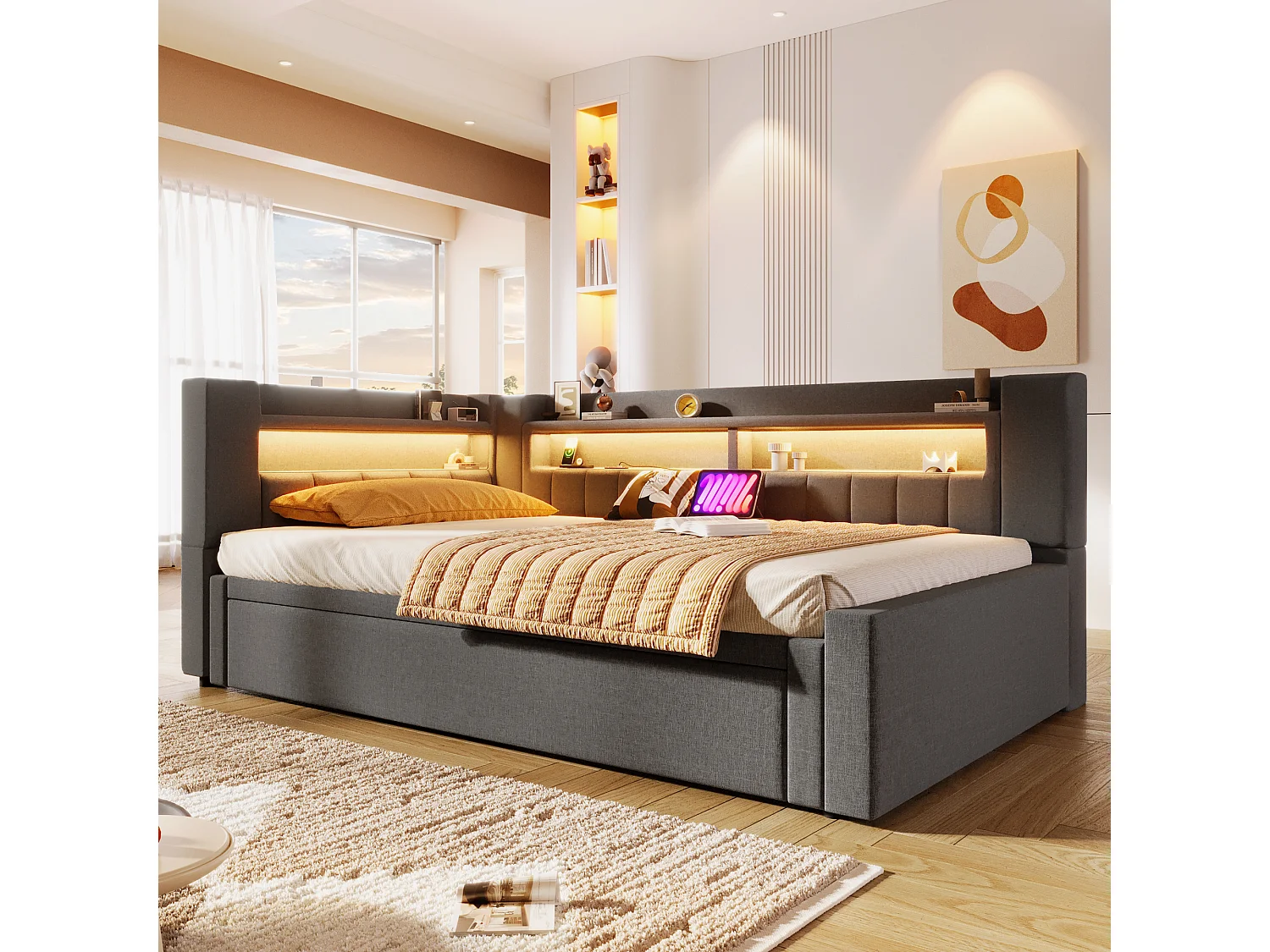 Canapé-lit capitonné avec lit gigogne - 90/180 x 200 cm - avec USB + Type-C + Leds + rangement - lin - gris