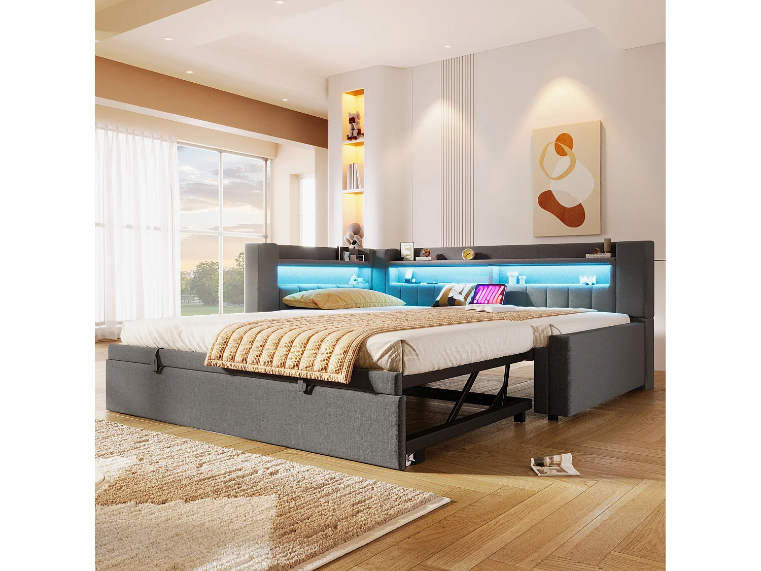 Canapé-lit capitonné avec lit gigogne - 90/180 x 200 cm - avec USB + Type-C + Leds + rangement - lin - gris