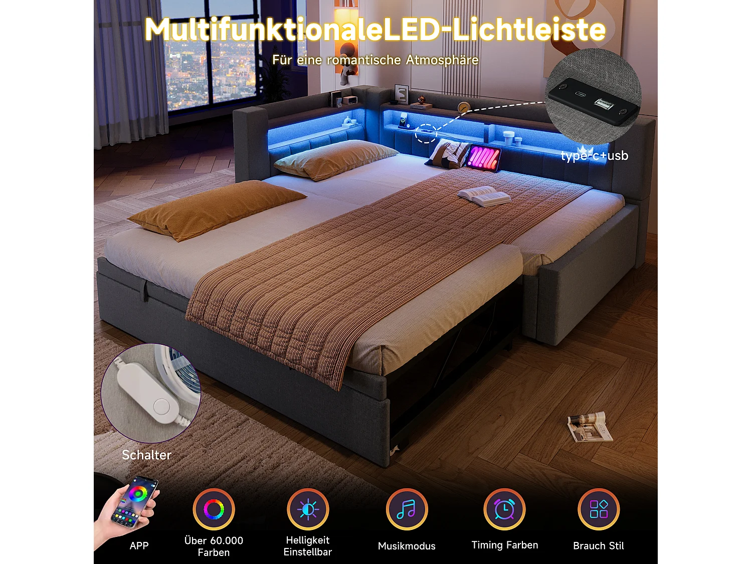 Canapé-lit capitonné avec lit gigogne - 90/180 x 200 cm - avec USB + Type-C + Leds + rangement - lin - gris