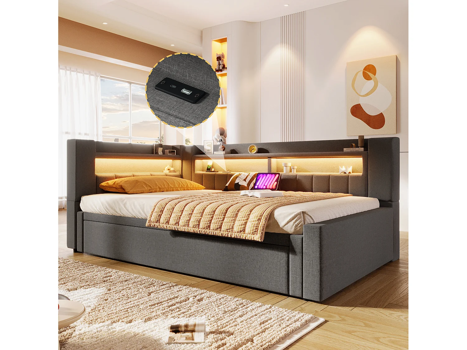 Canapé-lit capitonné avec lit gigogne - 90/180 x 200 cm - avec USB + Type-C + Leds + rangement - lin - gris