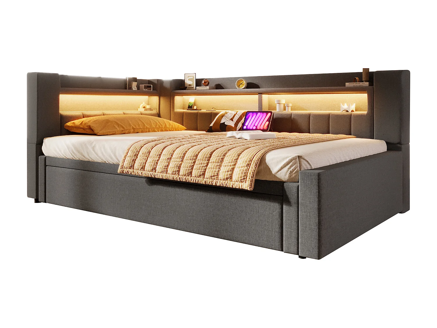 Canapé-lit capitonné avec lit gigogne - 90/180 x 200 cm - avec USB + Type-C + Leds + rangement - lin - gris