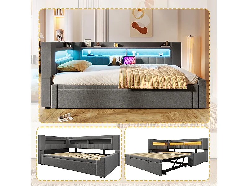 Canapé-lit capitonné avec lit gigogne - 90/180 x 200 cm - avec USB + Type-C + Leds + rangement - lin - gris