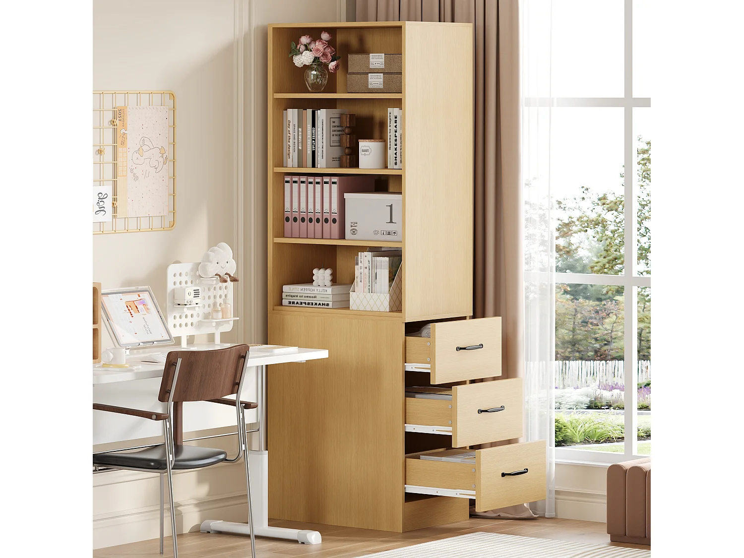 Bibliothèque haut de salon - 60 x 38 x 180 cm - avec 3 tiroirs + étagères réglables - aggloméré - naturel