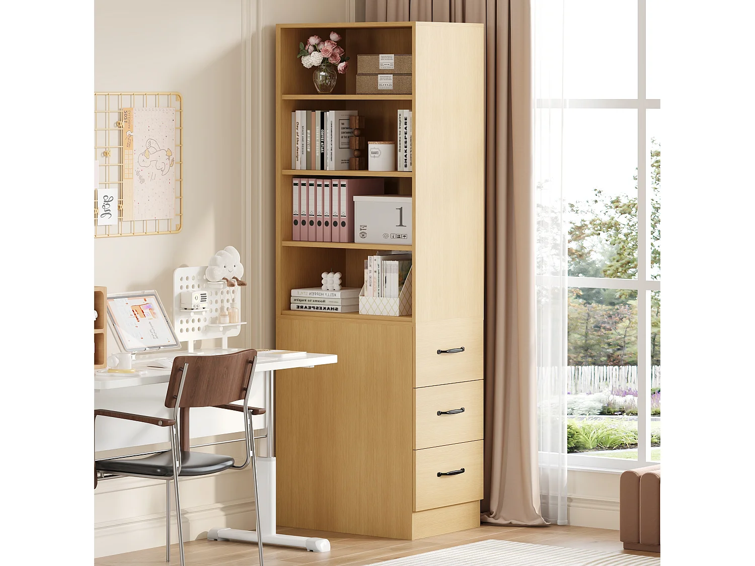 Bibliothèque haut de salon - 60 x 38 x 180 cm - avec 3 tiroirs + étagères réglables - aggloméré - naturel