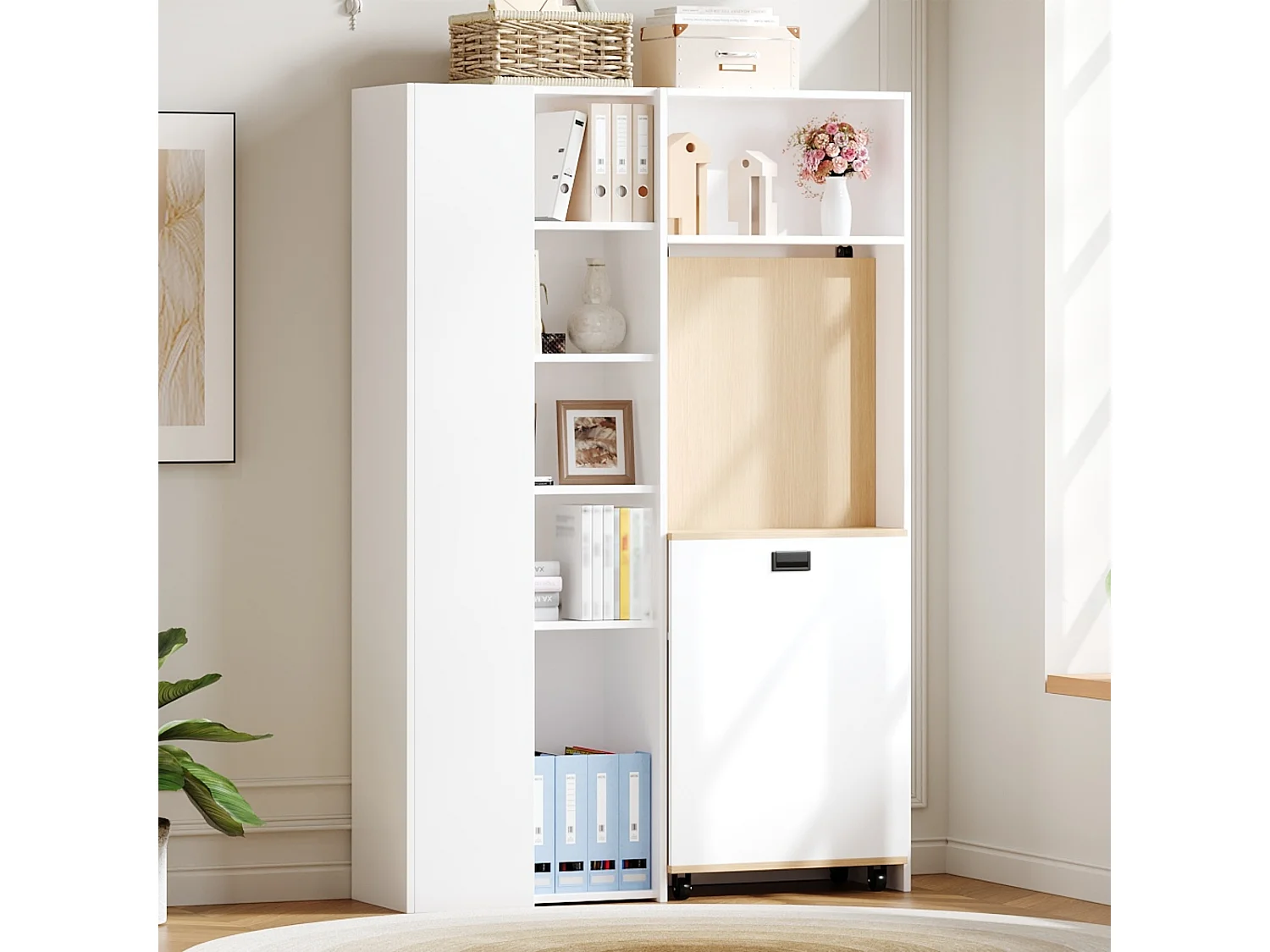 Bureau pliant et bibliothèque 2 en 1 - 104.5 x 30.5 x 160 cm - avec étagères+ USB - MDF - blanc